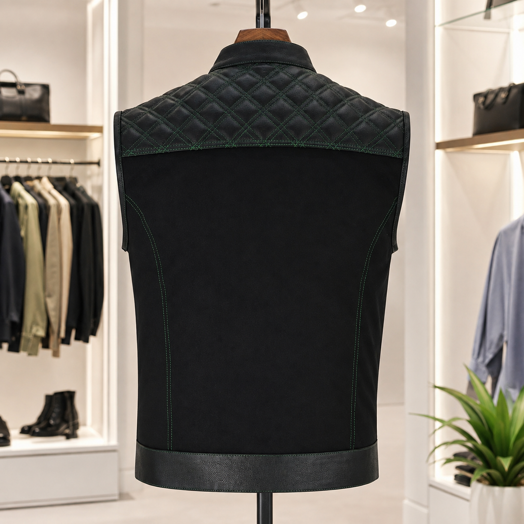Men’s Black Denim Motorcycle Vest – Green Diamond Quilted SOA Style Biker Vest with Side Laces, Zipper Snap Closure &amp; Multi Pockets