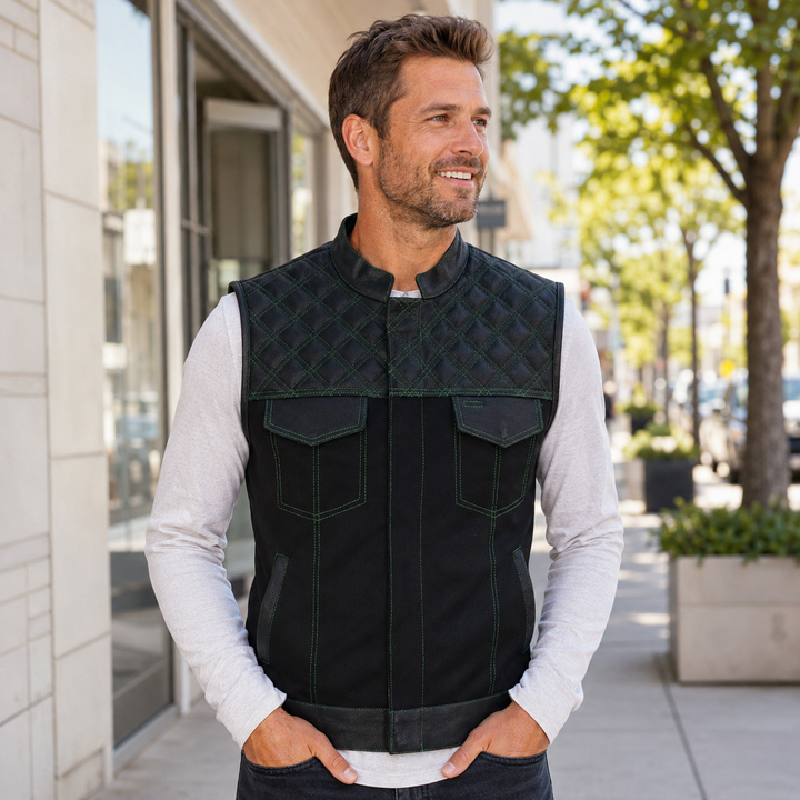 Men’s Black Denim Motorcycle Vest – Green Diamond Quilted SOA Style Biker Vest with Side Laces, Zipper Snap Closure &amp; Multi Pockets