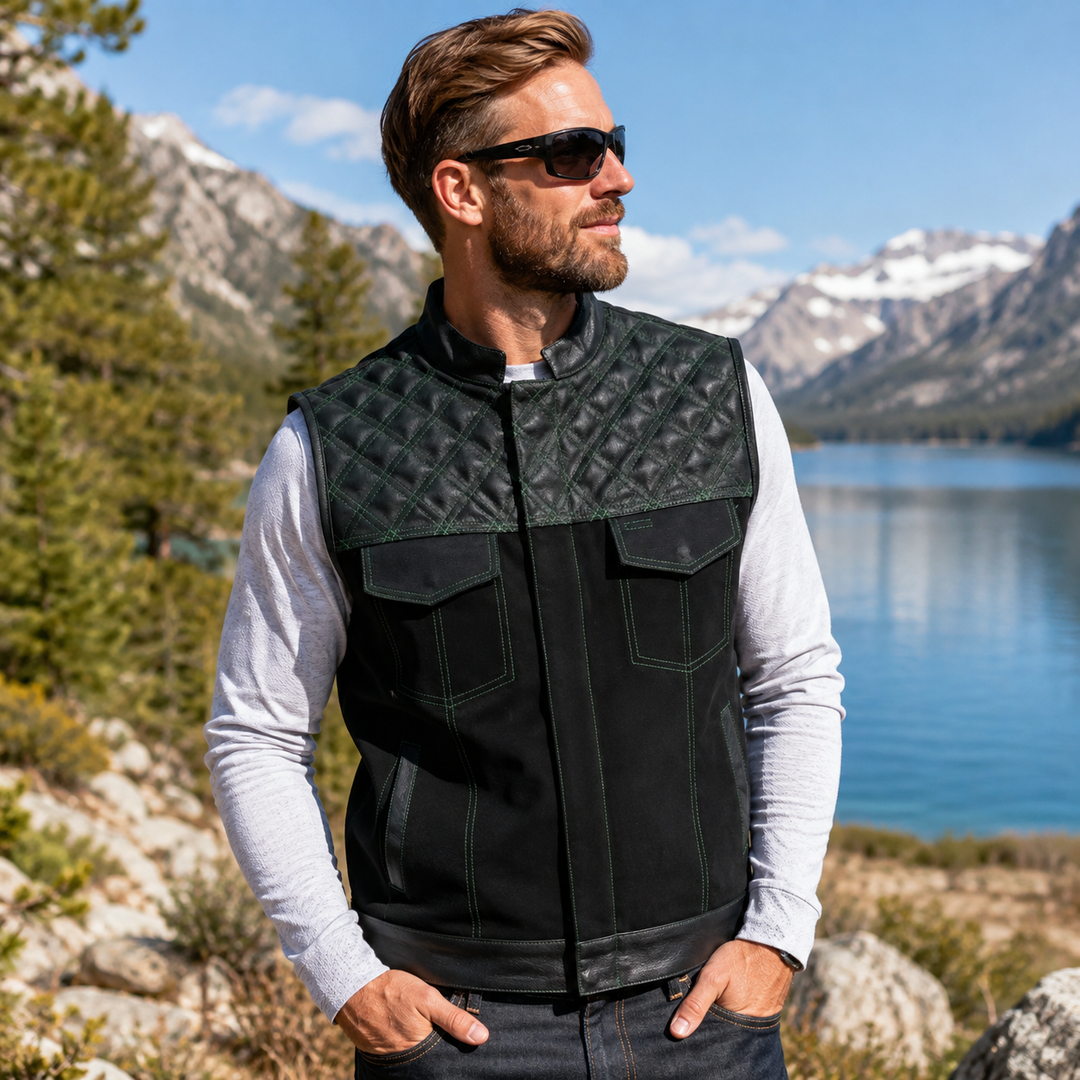 Men’s Black Denim Motorcycle Vest – Green Diamond Quilted SOA Style Biker Vest with Side Laces, Zipper Snap Closure &amp; Multi Pockets