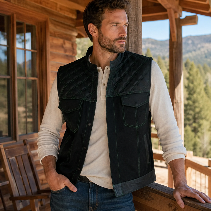 Men’s Black Denim Motorcycle Vest – Green Diamond Quilted SOA Style Biker Vest with Side Laces, Zipper Snap Closure &amp; Multi Pockets