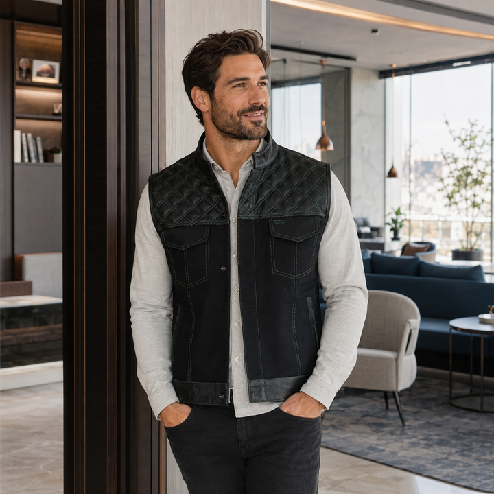 Men’s Black Denim Motorcycle Vest – Green Diamond Quilted SOA Style Biker Vest with Side Laces, Zipper Snap Closure &amp; Multi Pockets