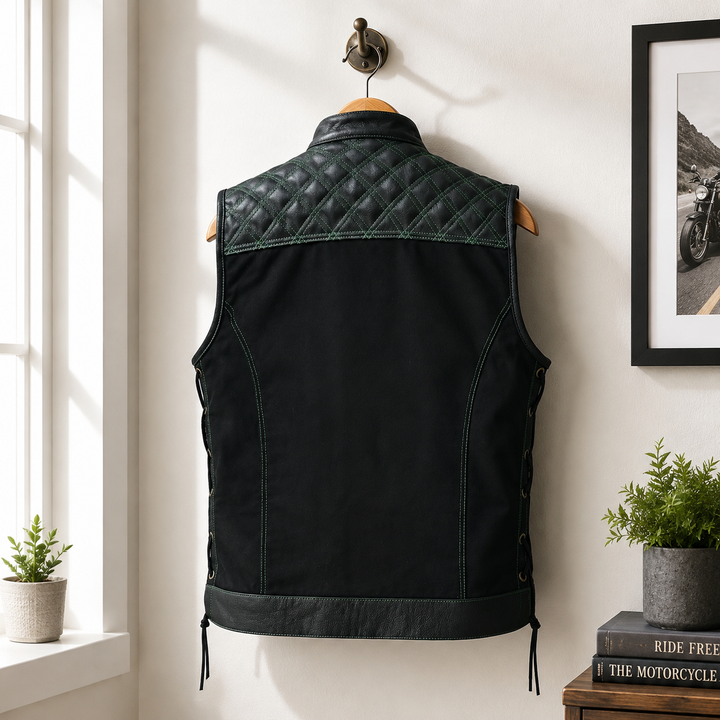 Men’s Black Denim Motorcycle Vest – Green Diamond Quilted SOA Style Biker Vest with Side Laces, Zipper Snap Closure &amp; Multi Pockets