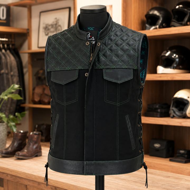 Men’s Black Denim Motorcycle Vest – Green Diamond Quilted SOA Style Biker Vest with Side Laces, Zipper Snap Closure &amp; Multi Pockets