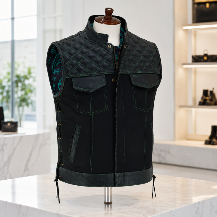 Men’s Black Denim Motorcycle Vest – Green Diamond Quilted SOA Style Biker Vest with Side Laces, Zipper Snap Closure &amp; Multi Pockets
