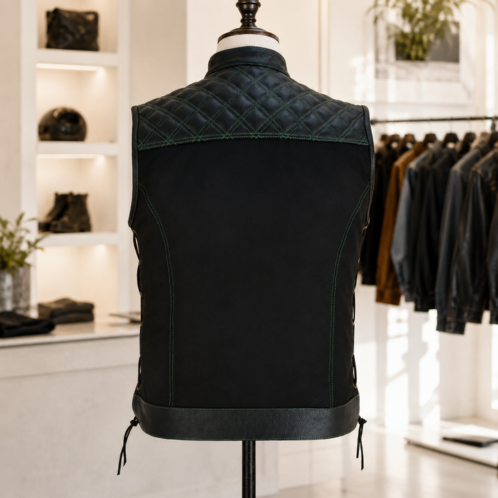 Men’s Black Denim Motorcycle Vest – Green Diamond Quilted SOA Style Biker Vest with Side Laces, Zipper Snap Closure &amp; Multi Pockets