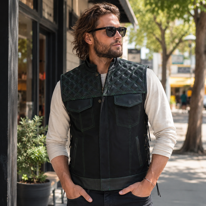 Men’s Black Denim Motorcycle Vest – Green Diamond Quilted SOA Style Biker Vest with Side Laces, Zipper Snap Closure &amp; Multi Pockets