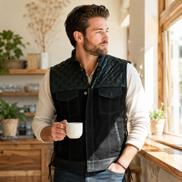 Men’s Black Denim Motorcycle Vest – Green Diamond Quilted SOA Style Biker Vest with Side Laces, Zipper Snap Closure &amp; Multi Pockets