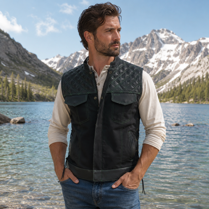 Men’s Black Denim Motorcycle Vest – Green Diamond Quilted SOA Style Biker Vest with Side Laces, Zipper Snap Closure &amp; Multi Pockets