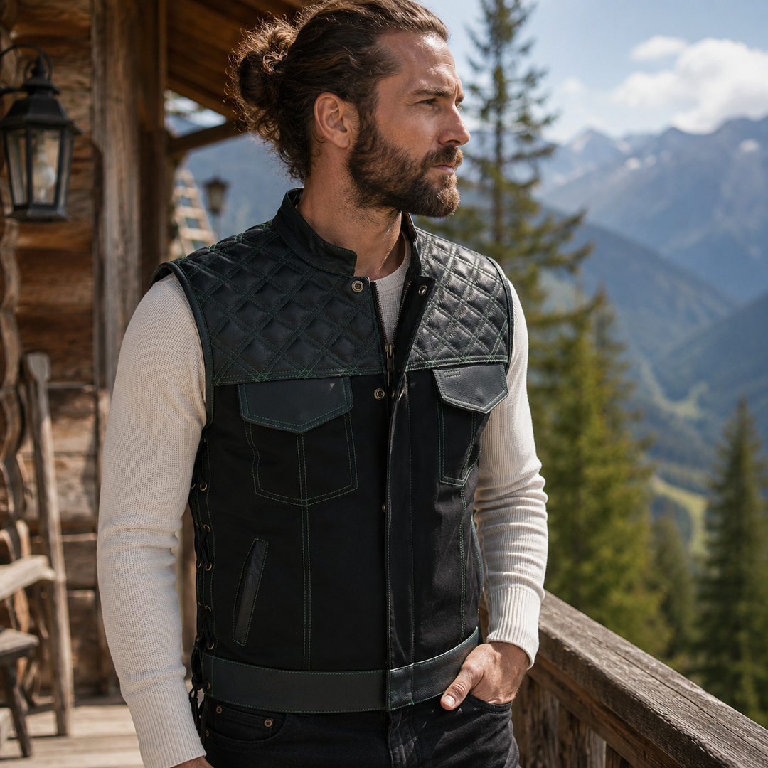 Men’s Black Denim Motorcycle Vest – Green Diamond Quilted SOA Style Biker Vest with Side Laces, Zipper Snap Closure &amp; Multi Pockets
