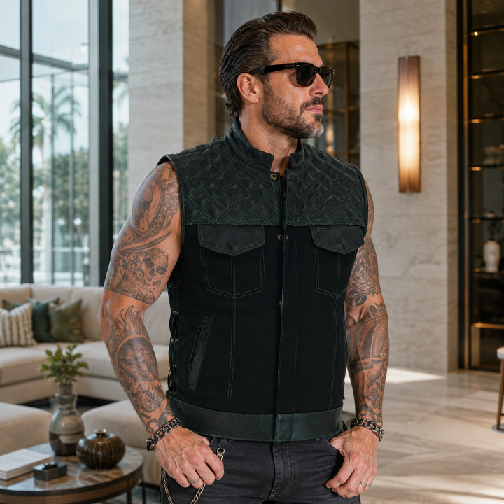 Men’s Black Denim Motorcycle Vest – Green Diamond Quilted SOA Style Biker Vest with Side Laces, Zipper Snap Closure &amp; Multi Pockets