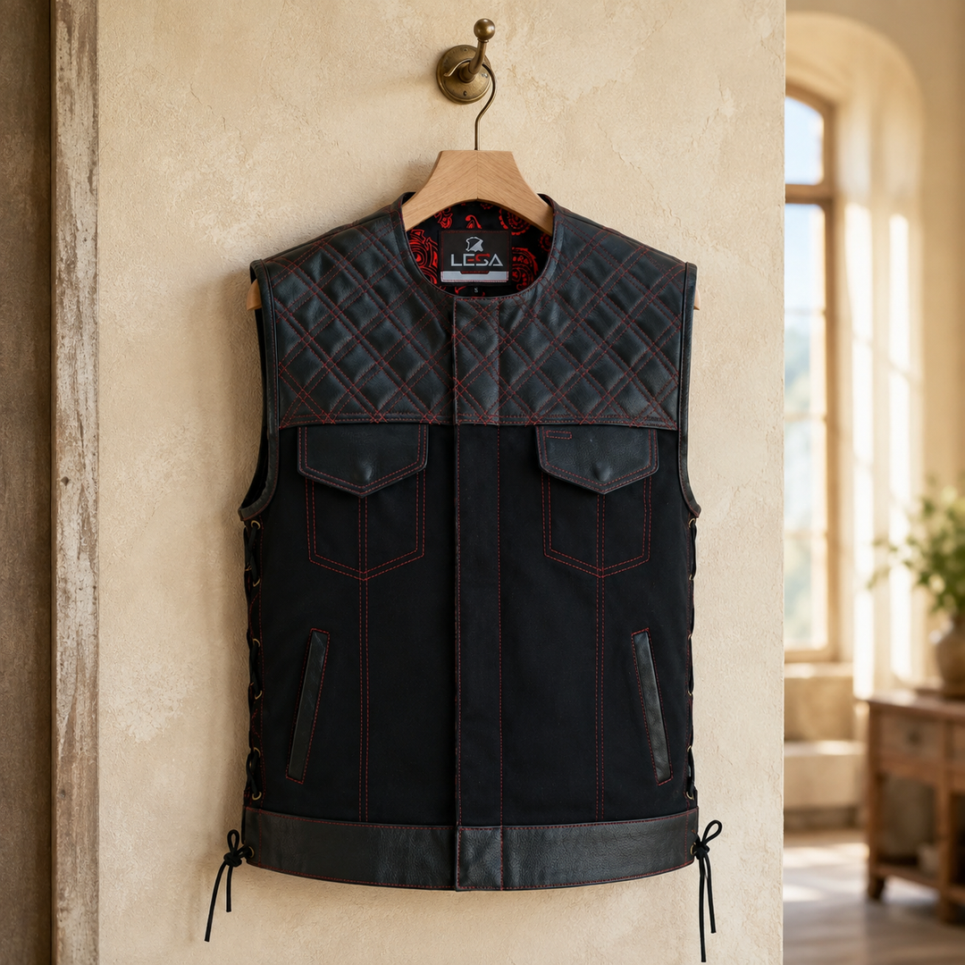 Collarless Black Denim Motorcycle Club Vest - SOA Style Biker Vest with Leather Trim, Concealed Carry Pockets &amp; Side Laces
