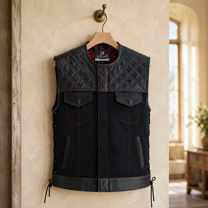 Collarless Black Denim Motorcycle Club Vest - SOA Style Biker Vest with Leather Trim, Concealed Carry Pockets &amp; Side Laces