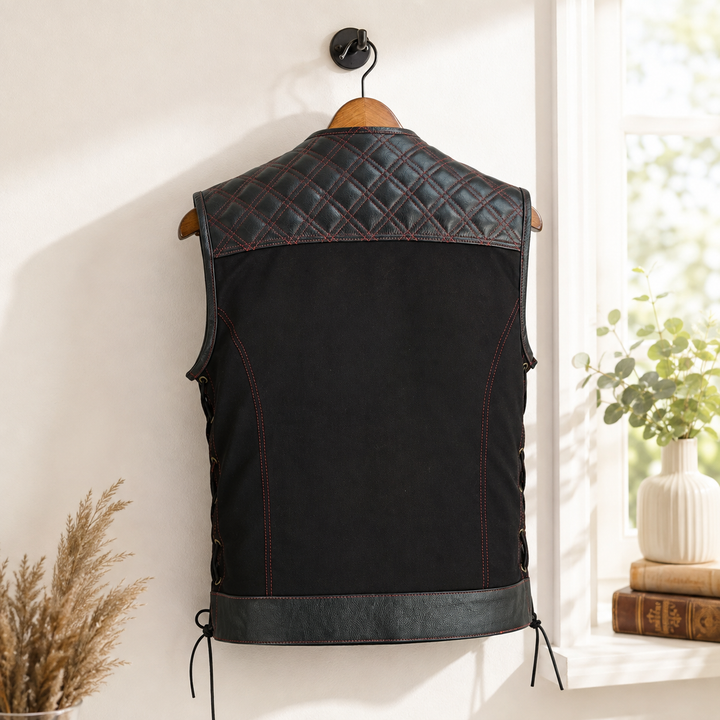 Collarless Black Denim Motorcycle Club Vest - SOA Style Biker Vest with Leather Trim, Concealed Carry Pockets &amp; Side Laces