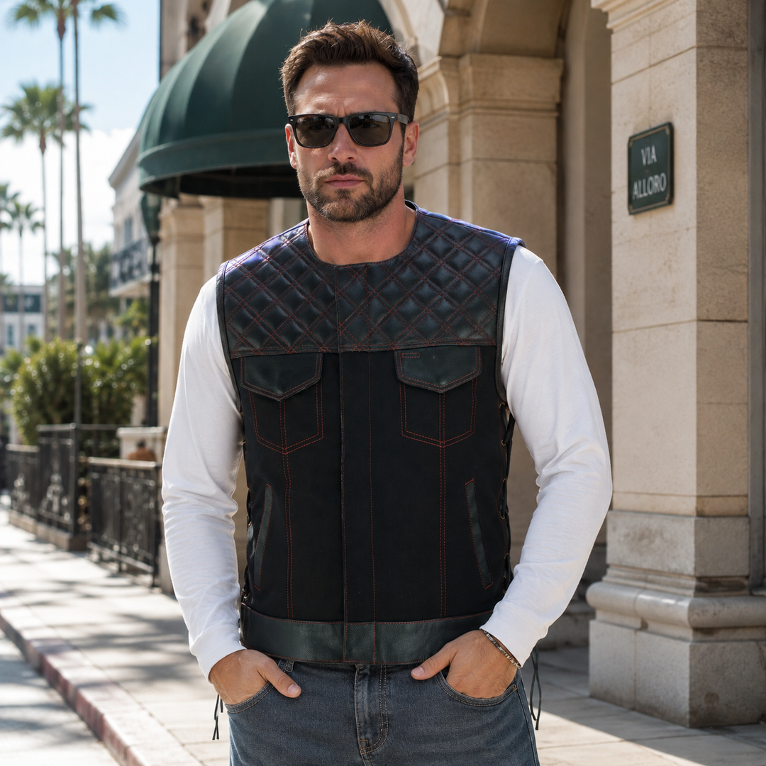 Collarless Black Denim Motorcycle Club Vest - SOA Style Biker Vest with Leather Trim, Concealed Carry Pockets &amp; Side Laces