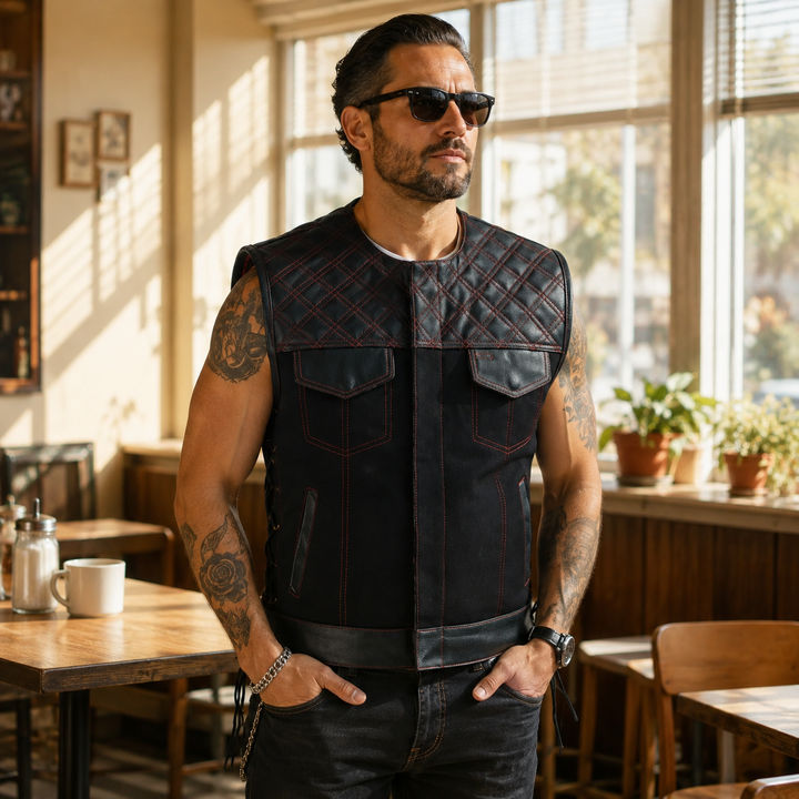 Collarless Black Denim Motorcycle Club Vest - SOA Style Biker Vest with Leather Trim, Concealed Carry Pockets &amp; Side Laces