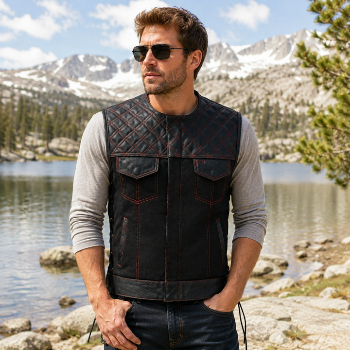 Collarless Black Denim Motorcycle Club Vest - SOA Style Biker Vest with Leather Trim, Concealed Carry Pockets &amp; Side Laces