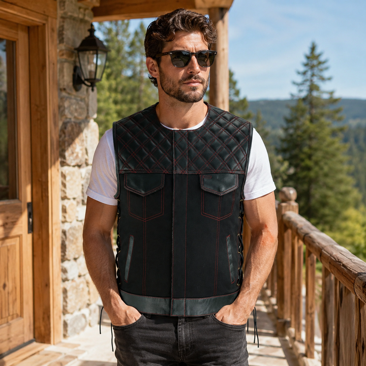 Collarless Black Denim Motorcycle Club Vest - SOA Style Biker Vest with Leather Trim, Concealed Carry Pockets &amp; Side Laces