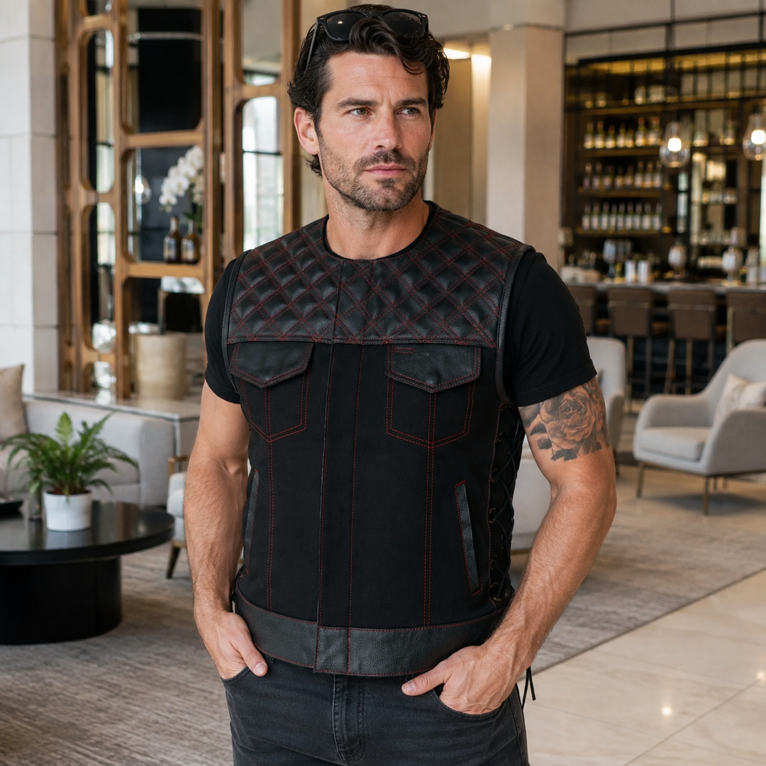 Collarless Black Denim Motorcycle Club Vest - SOA Style Biker Vest with Leather Trim, Concealed Carry Pockets &amp; Side Laces