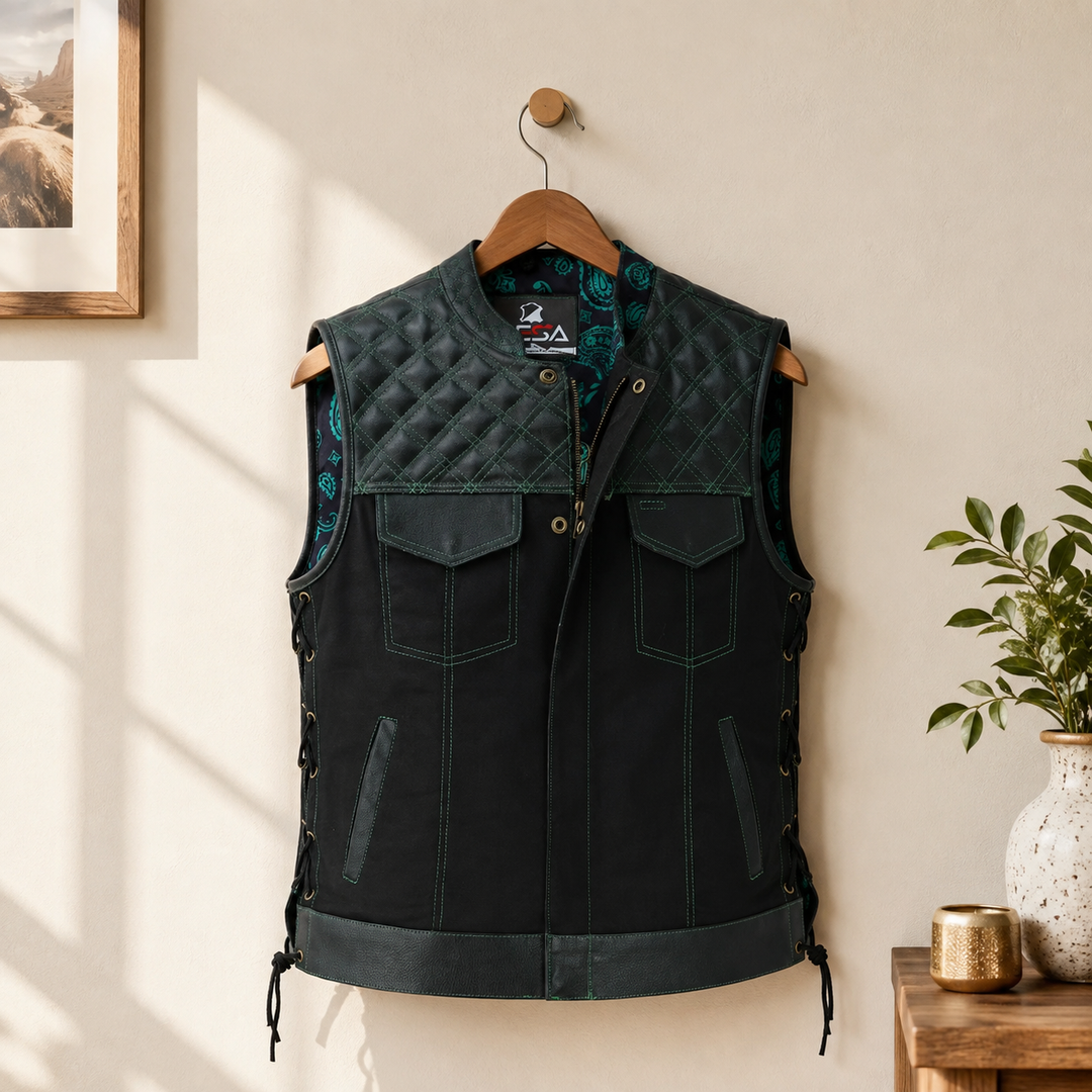 Men’s Black Denim Motorcycle Vest – Green Stitch Leather Trim SOA Style Vest with Side Laces, Zipper Snap Closure &amp; Concealed Carry Pockets