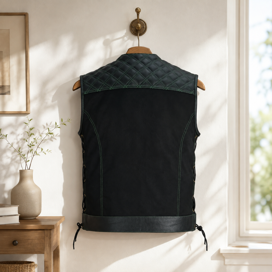 Men’s Black Denim Motorcycle Vest – Green Stitch Leather Trim SOA Style Vest with Side Laces, Zipper Snap Closure &amp; Concealed Carry Pockets