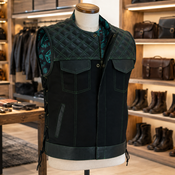 Men’s Black Denim Motorcycle Vest – Green Stitch Leather Trim SOA Style Vest with Side Laces, Zipper Snap Closure &amp; Concealed Carry Pockets