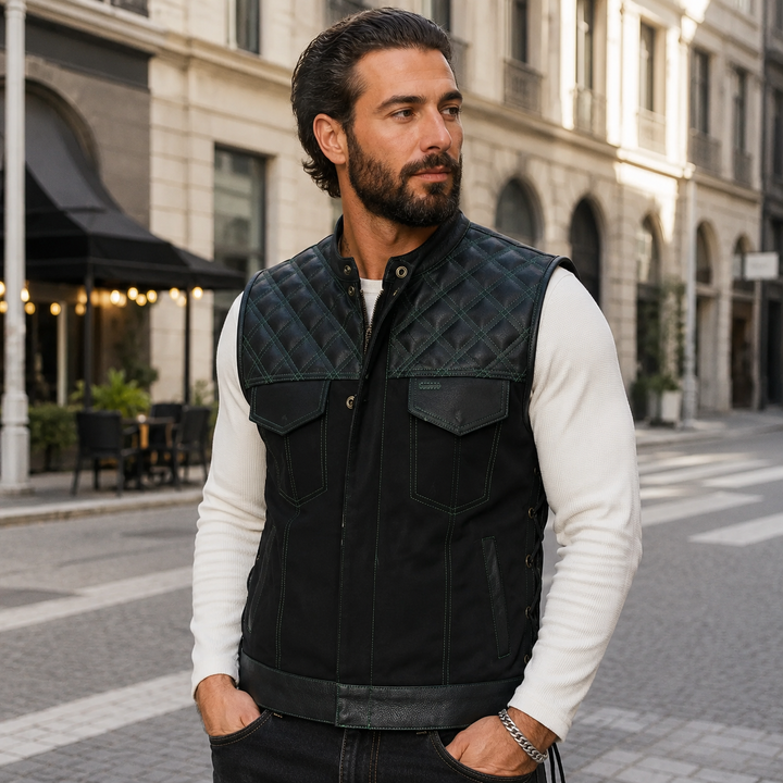 Men’s Black Denim Motorcycle Vest – Green Stitch Leather Trim SOA Style Vest with Side Laces, Zipper Snap Closure &amp; Concealed Carry Pockets