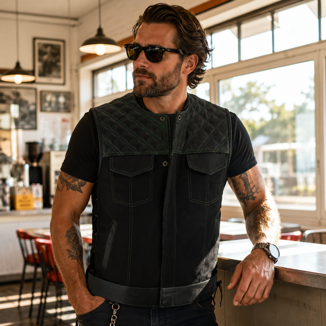 Men’s Black Denim Motorcycle Vest – Green Stitch Leather Trim SOA Style Vest with Side Laces, Zipper Snap Closure &amp; Concealed Carry Pockets