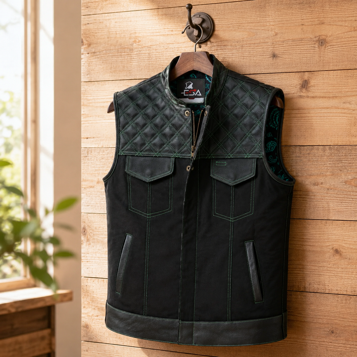 Men’s Denim &amp; Leather Motorcycle Vest – Collarless Green Stitch Biker Vest with Quilted Padding, Multi Pockets &amp; Zipper Snap Closure