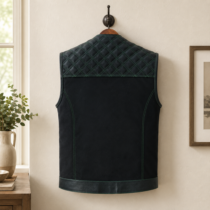Men’s Denim &amp; Leather Motorcycle Vest – Collarless Green Stitch Biker Vest with Quilted Padding, Multi Pockets &amp; Zipper Snap Closure