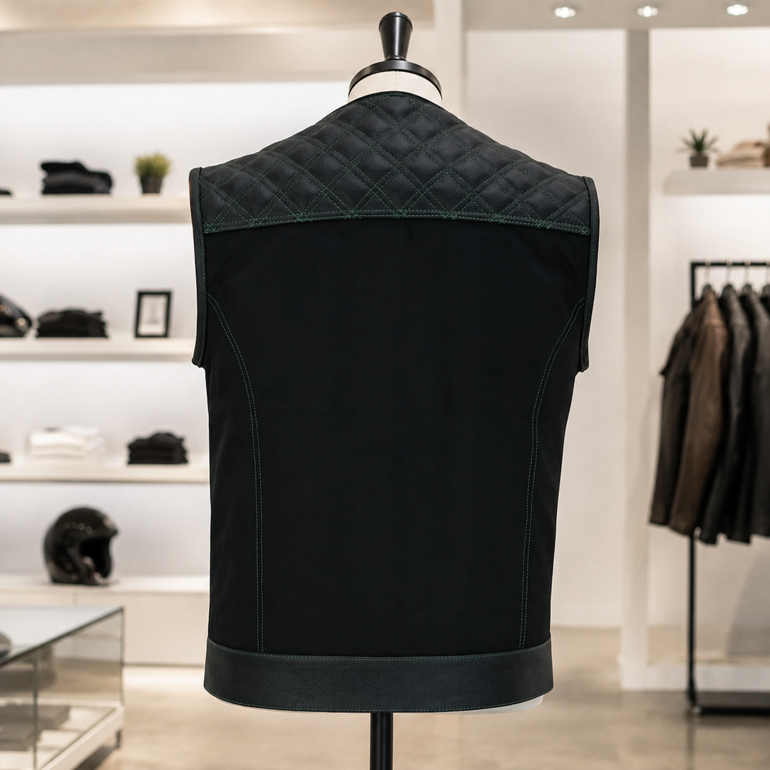 Men’s Denim &amp; Leather Motorcycle Vest – Collarless Green Stitch Biker Vest with Quilted Padding, Multi Pockets &amp; Zipper Snap Closure