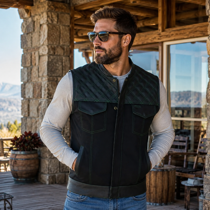 Men’s Denim &amp; Leather Motorcycle Vest – Collarless Green Stitch Biker Vest with Quilted Padding, Multi Pockets &amp; Zipper Snap Closure