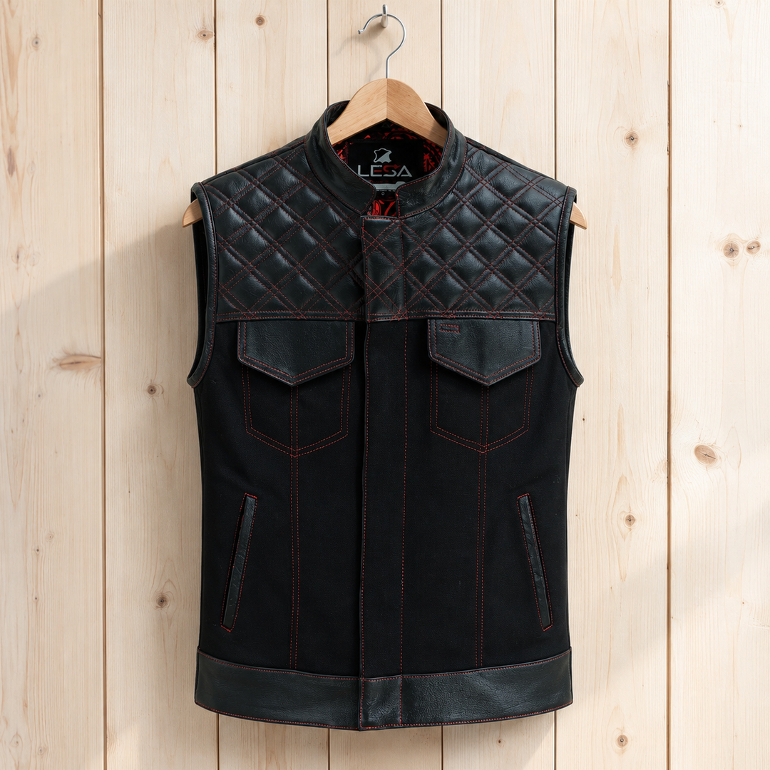 Men’s Black Leather &amp; Denim Motorcycle Vest – Diamond Quilted Red Stitch Biker Vest with Collar, Dual Zipper Snap Closure &amp; Concealed Carry Pockets