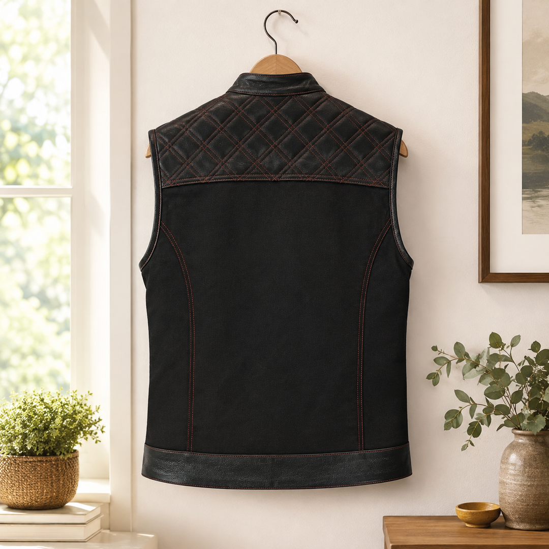Men’s Black Leather &amp; Denim Motorcycle Vest – Diamond Quilted Red Stitch Biker Vest with Collar, Dual Zipper Snap Closure &amp; Concealed Carry Pockets