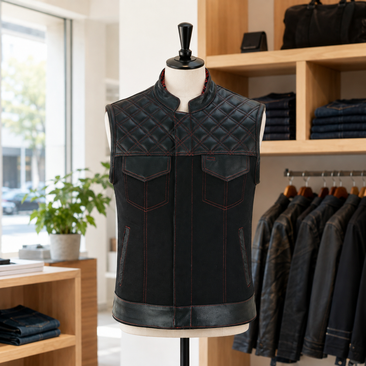 Men’s Black Leather &amp; Denim Motorcycle Vest – Diamond Quilted Red Stitch Biker Vest with Collar, Dual Zipper Snap Closure &amp; Concealed Carry Pockets