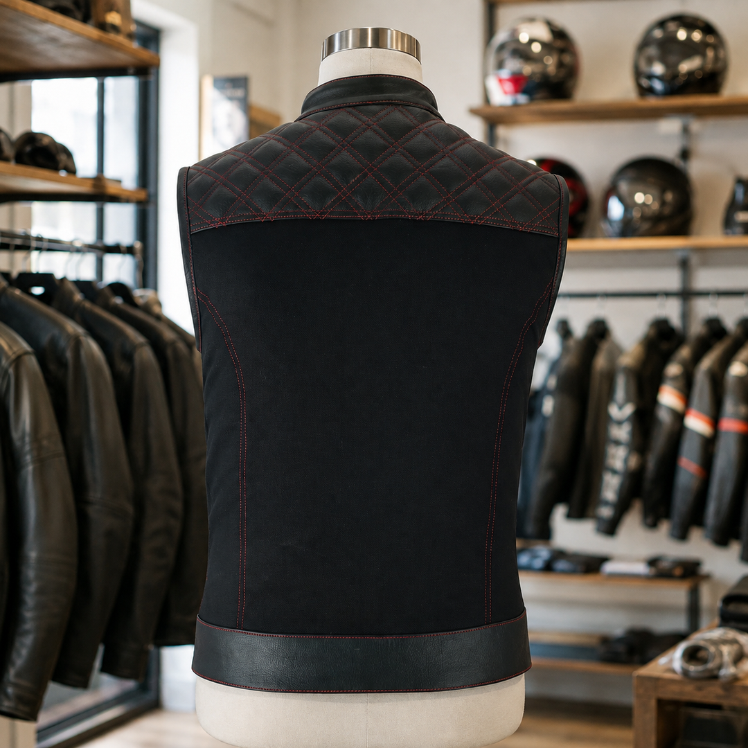 Men’s Black Leather &amp; Denim Motorcycle Vest – Diamond Quilted Red Stitch Biker Vest with Collar, Dual Zipper Snap Closure &amp; Concealed Carry Pockets