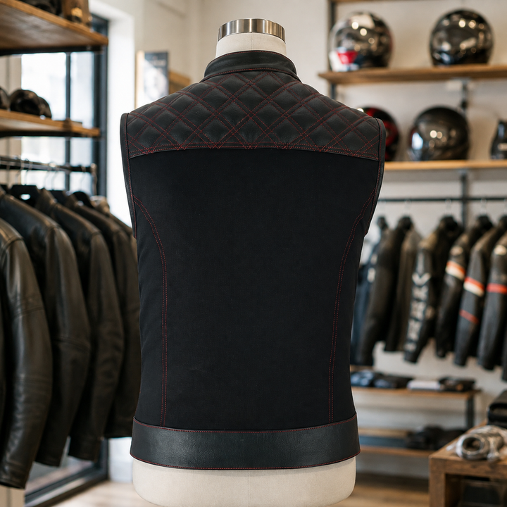 Men’s Black Leather &amp; Denim Motorcycle Vest – Diamond Quilted Red Stitch Biker Vest with Collar, Dual Zipper Snap Closure &amp; Concealed Carry Pockets