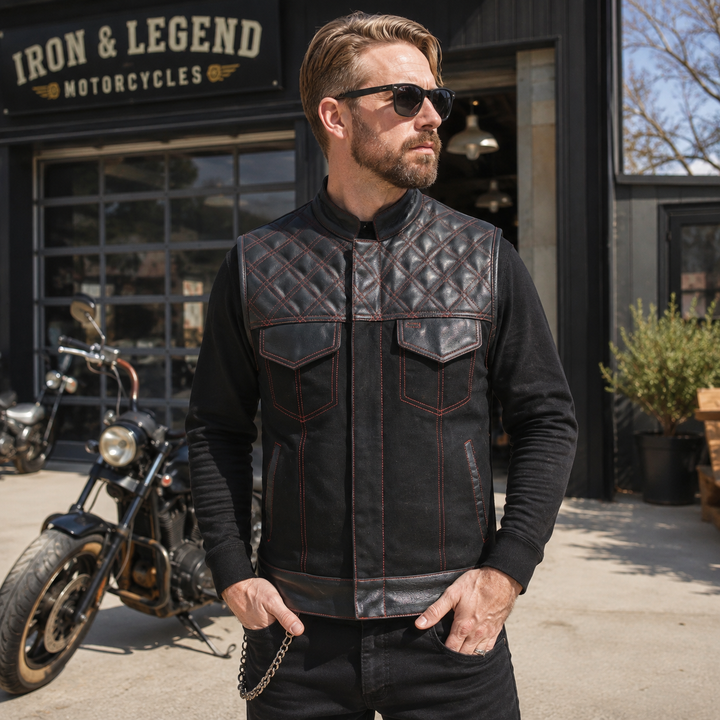Men’s Black Leather &amp; Denim Motorcycle Vest – Diamond Quilted Red Stitch Biker Vest with Collar, Dual Zipper Snap Closure &amp; Concealed Carry Pockets