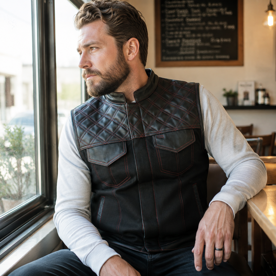 Men’s Black Leather &amp; Denim Motorcycle Vest – Diamond Quilted Red Stitch Biker Vest with Collar, Dual Zipper Snap Closure &amp; Concealed Carry Pockets