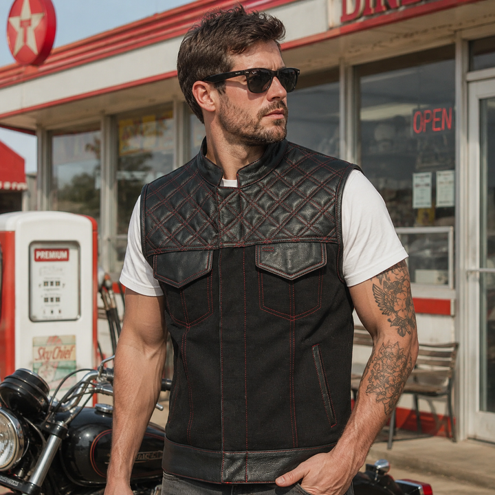 Men’s Black Leather &amp; Denim Motorcycle Vest – Diamond Quilted Red Stitch Biker Vest with Collar, Dual Zipper Snap Closure &amp; Concealed Carry Pockets