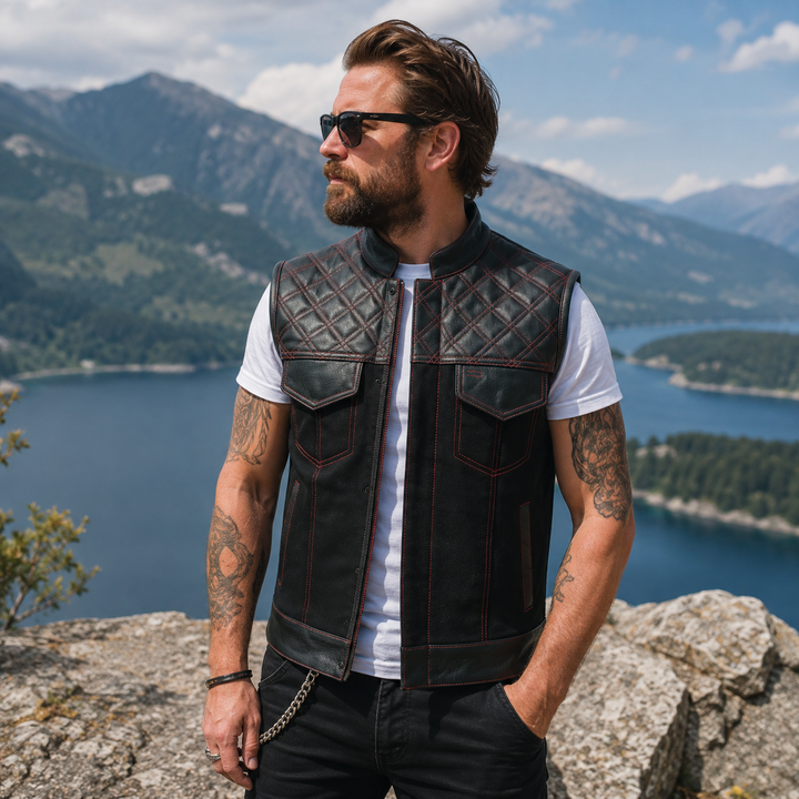 Men’s Black Leather &amp; Denim Motorcycle Vest – Diamond Quilted Red Stitch Biker Vest with Collar, Dual Zipper Snap Closure &amp; Concealed Carry Pockets
