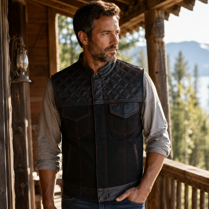 Men’s Black Leather &amp; Denim Motorcycle Vest – Diamond Quilted Red Stitch Biker Vest with Collar, Dual Zipper Snap Closure &amp; Concealed Carry Pockets