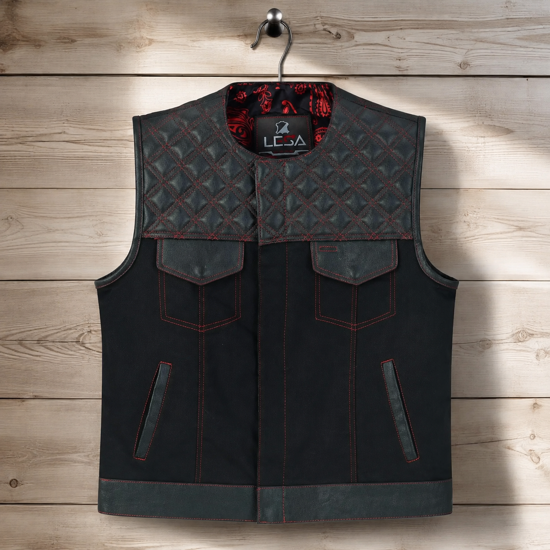 Collarless Red Stitched Leather &amp; Denim Motorcycle Vests for Men