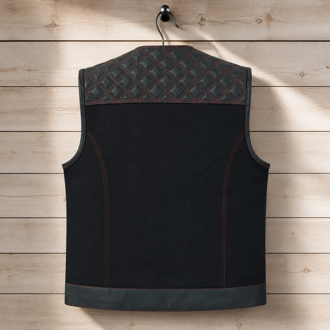 Collarless Red Stitched Leather &amp; Denim Motorcycle Vests for Men