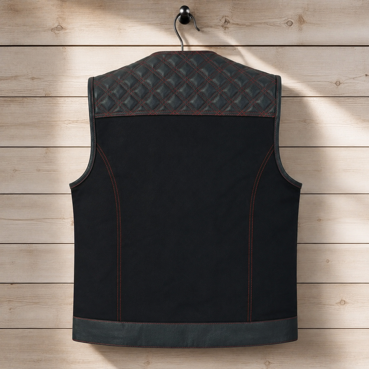 Collarless Red Stitched Leather &amp; Denim Motorcycle Vests for Men