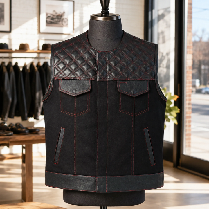 Collarless Red Stitched Leather &amp; Denim Motorcycle Vests for Men