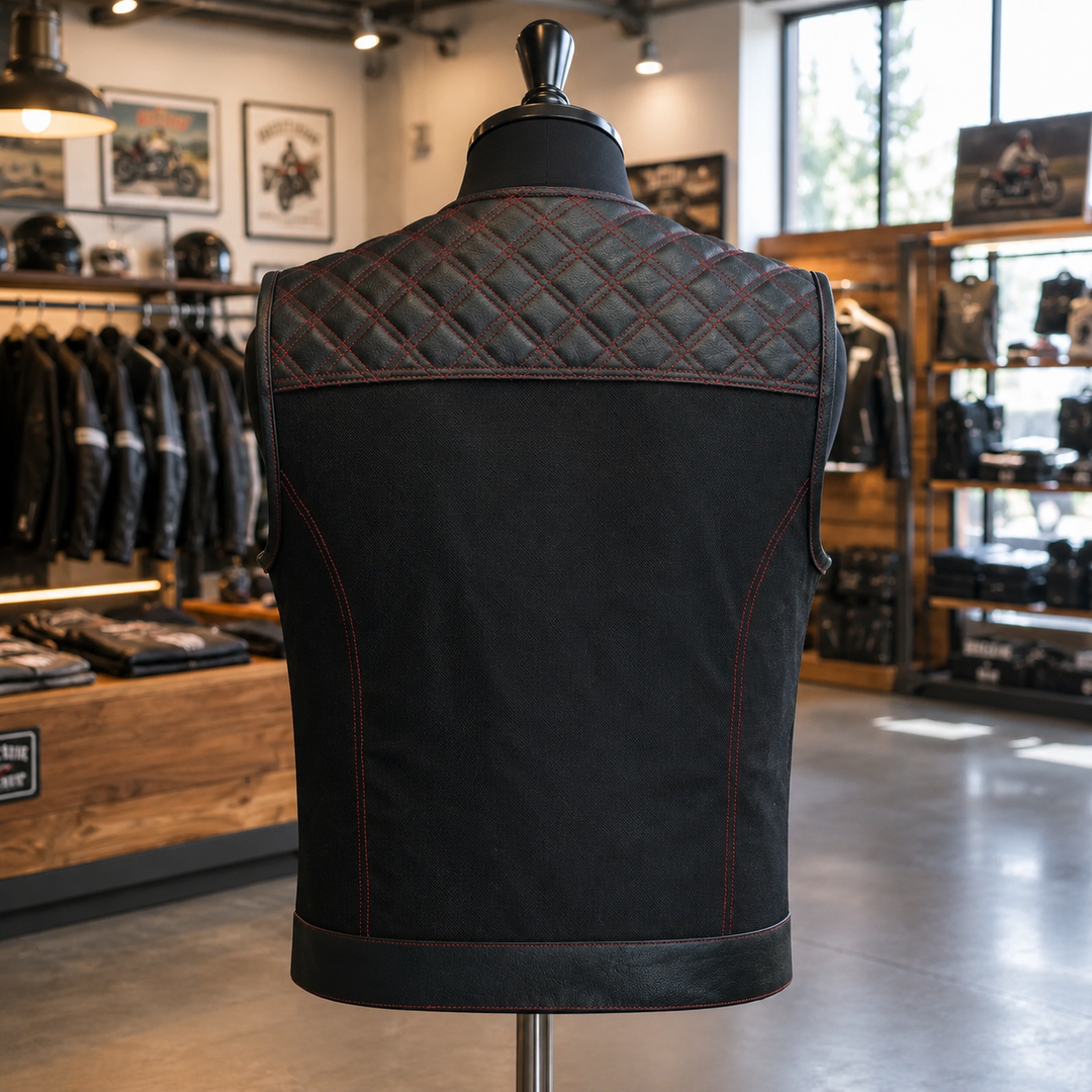 Collarless Red Stitched Leather &amp; Denim Motorcycle Vests for Men