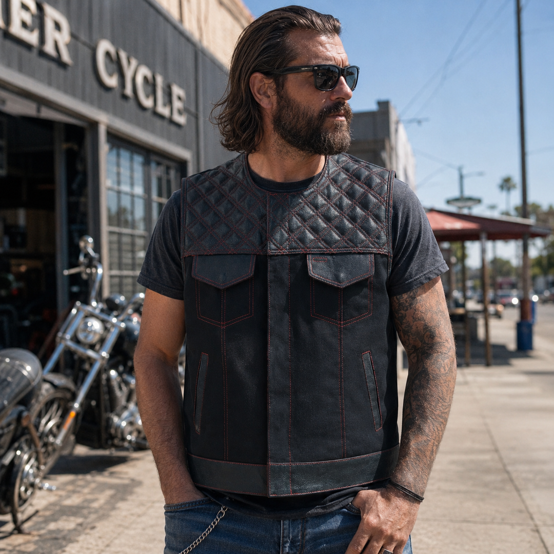 Collarless Red Stitched Leather &amp; Denim Motorcycle Vests for Men