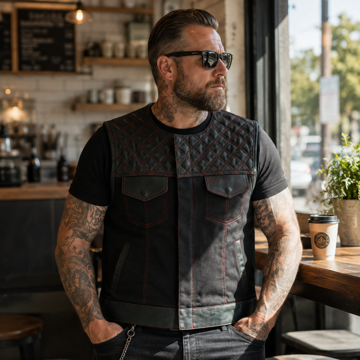 Collarless Red Stitched Leather &amp; Denim Motorcycle Vests for Men