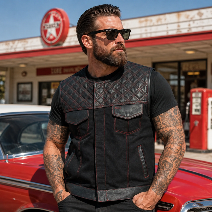 Collarless Red Stitched Leather &amp; Denim Motorcycle Vests for Men