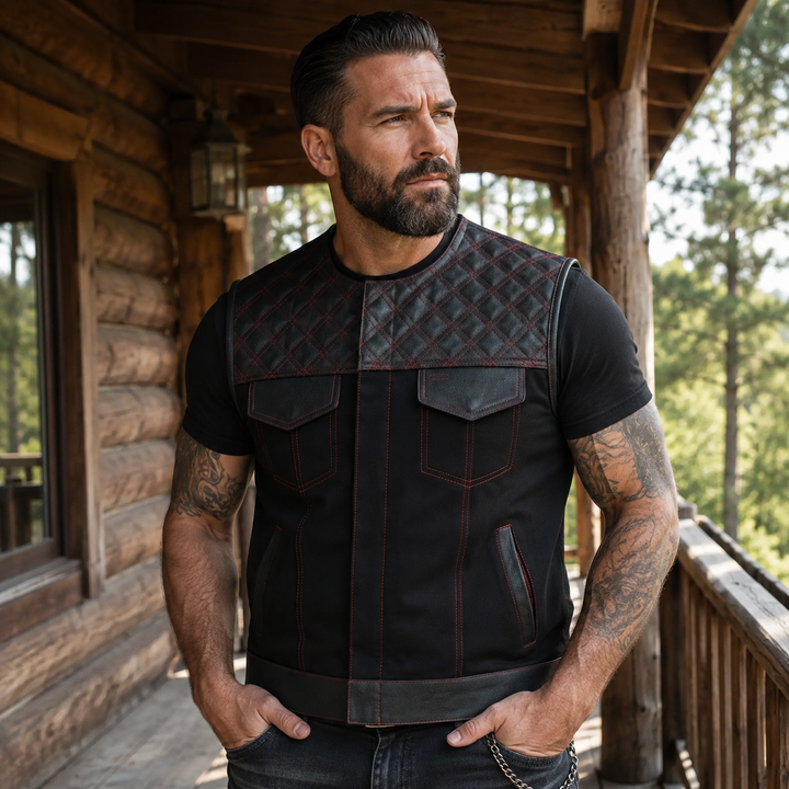Collarless Red Stitched Leather &amp; Denim Motorcycle Vests for Men